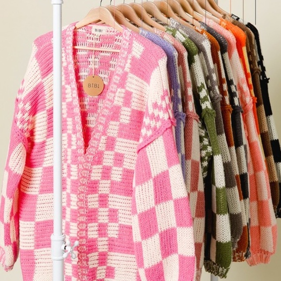 Bibi Denim Blue Checkered Open Front Loose Fit Cardigan - Picture 3 of 3